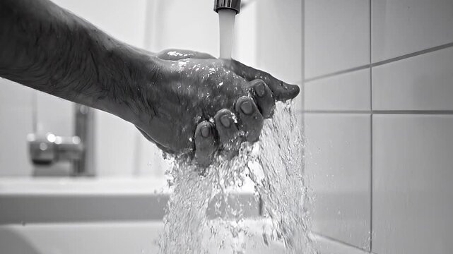 Black and white shot of human hands catching dripping water, hygiene concept