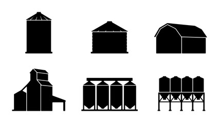 Farm Silo Icons, Grain Storage Structures, Agricultural Building Silos, Rural Storage Collection, Vector Set © Mohammad
