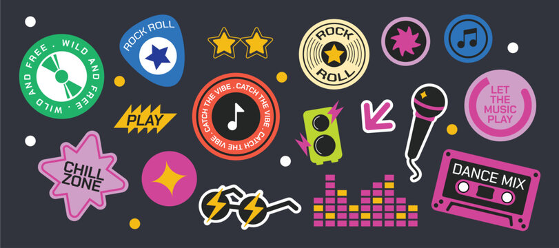Music Festival Retro Sticker Collection with Audio Icons and Y2K Graphic Elements