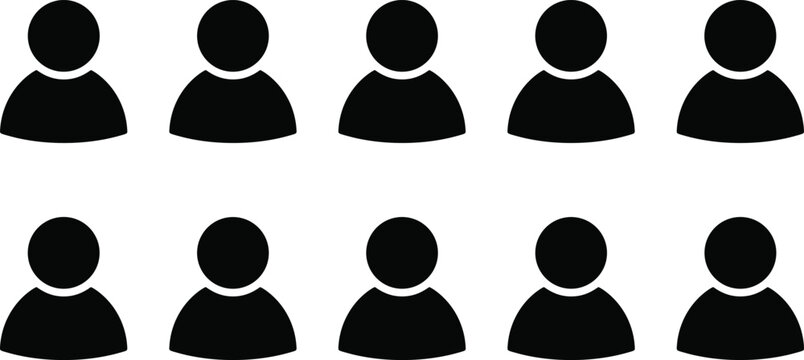 Minimalist vector icon set featuring rows of identical user profile avatars for social media, community demographics, corporate team member lists, and population data visualization.