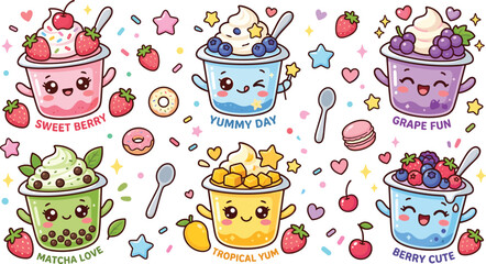 Cute kawaii frozen yogurt parfait character sticker set with sweet berry matcha mango bubble tea and tropical dessert mascot illustrations vector © nice