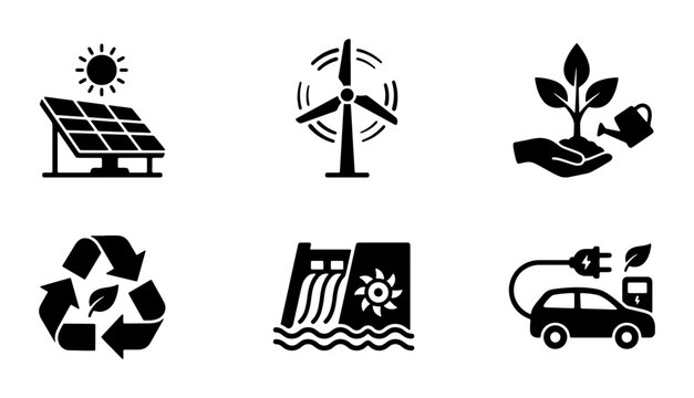 Eco-friendly energy icons: solar panel, wind turbine, plant growth, recycling, hydro dam, electric car charging station, sustainable technology vector set