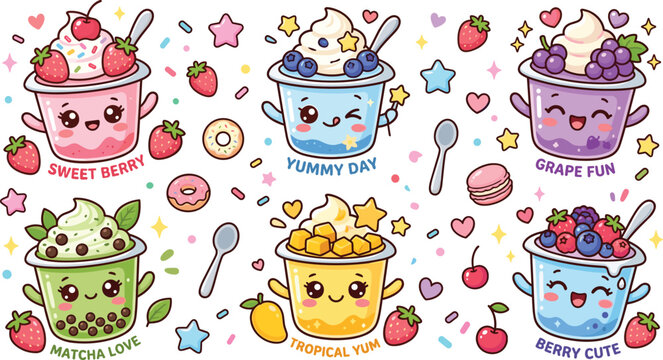 Cute kawaii frozen yogurt parfait character sticker set with sweet berry matcha mango bubble tea and tropical dessert mascot illustrations vector