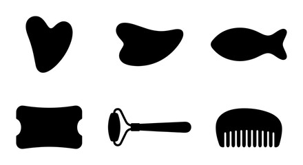 Black Silhouette Gua Sha Tools, Face Roller, Comb Set, Beauty Massage Instruments, Skincare Accessories, Wellness Icons © Mohammad