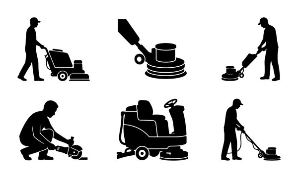Floor Cleaning Machine Icons, Janitorial Service Silhouettes, Industrial Equipment Vector Set