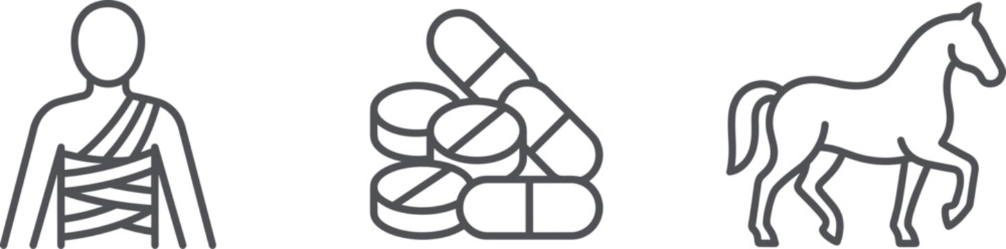Professional vector line icon set featuring a patient with a chest bandage, a stack of medicinal pills and capsules, and a walking horse.
