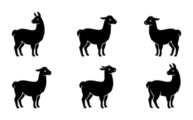 Six Silhouette Llama Icons, Black Alpaca Vector Graphics, Cute South American Camelid Illustrations for Animal Themes, Farm and Wildlife Designs © Ahsan