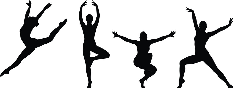 Set of black silhouettes featuring flexible female dancers and gymnasts performing various graceful ballet poses, athletic stretches, and yoga movements on a white background.