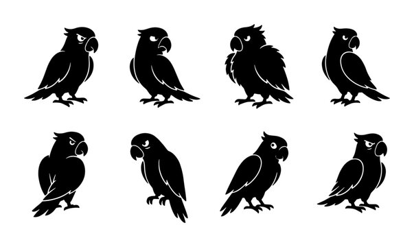 Black Parrot Silhouettes, Tropical Bird Icons, Exotic Avian Vector Set, Wildlife Graphics