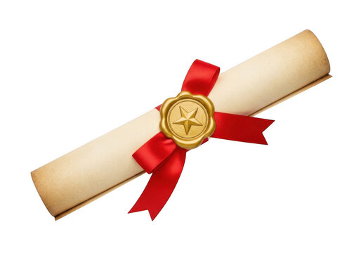 Vintage scroll with wax seal and red ribbon isolated on transparent background