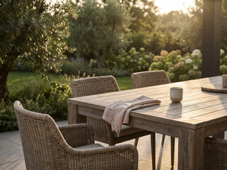 Obraz premium Cozy Outdoor Patio Dining Table in Lush Garden at Golden Hour, Relaxing Backyard Lifestyle and Summer Evening Concept
