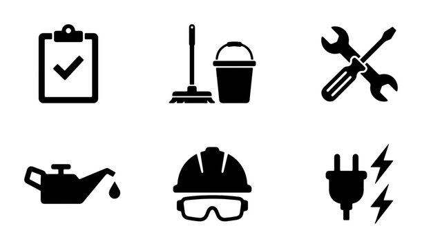 Industrial Maintenance Icons Set: Checklist, Cleaning, Tools, Oil, Safety Gear, Electrical Plug, Vector Graphics for Service and Repair Concepts