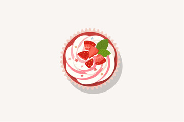 Top view of strawberry cupcake with swirl frosting, star sprinkles, fresh strawberry pieces, and mint leaf garnish. Vector illustration. © Akasha Design