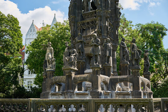 Park of National Awakening with Kranner Fountain on the Smetana Embankment of Vltava river in Prague, Czech Republic