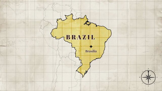 Vintage Brazil Map Animation with Capital Location on Antique Paper Background