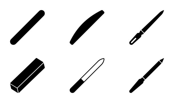 Set of 6 Black Nail Files and Buffers, Manicure Tools Collection, Beauty Salon Equipment Icons, Cosmetic Accessory Graphics
