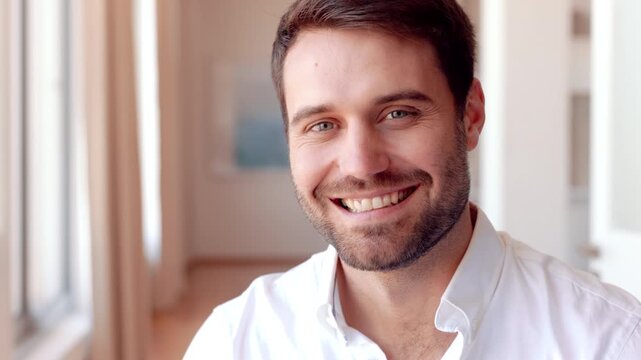 Business, happy and face of man in house for real estate agent, sale management and about us. Realtor, person and smile in rental apartment for viewing confidence, career pride and property staging