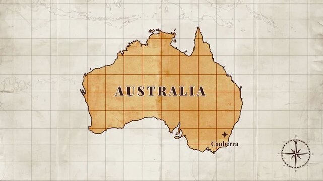 Vintage Australia Map Animation with Canberra Location on Antique Paper Background