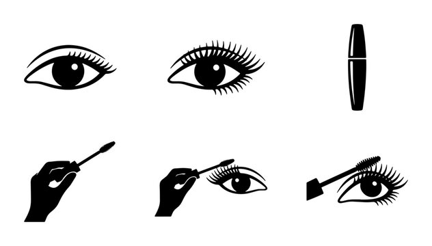 Mascara Application Icons, Eye Makeup Steps, Beauty Routine Vector Set, Cosmetic Product Illustration