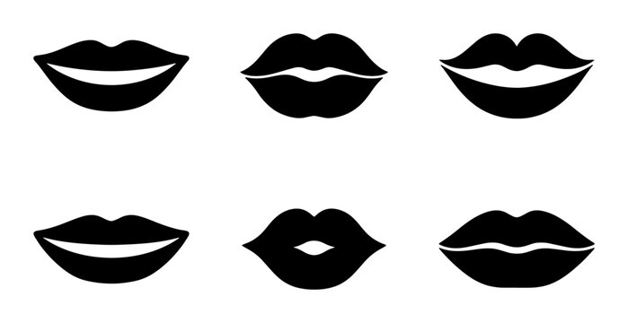 Six Black Silhouette Lips Icons, Vector Set: Kissing, Smiling, Pouting Mouths for Beauty, Fashion, and Communication Graphics