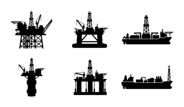 Offshore Oil Rig and Ship Silhouettes, Industrial Marine Platform Icons, Energy Extraction Vector Set