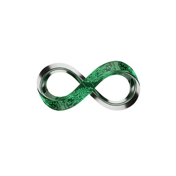 Metallic infinity symbol with glowing circuit board pattern during digital data flow Isolated on transparent background