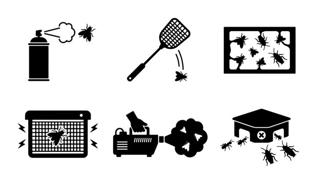 Pest Control Icons Set: Insecticide Spray, Fly Swatter, Trap, Electric Zapper, Fogger, Bait Station, Vector Graphics Collection