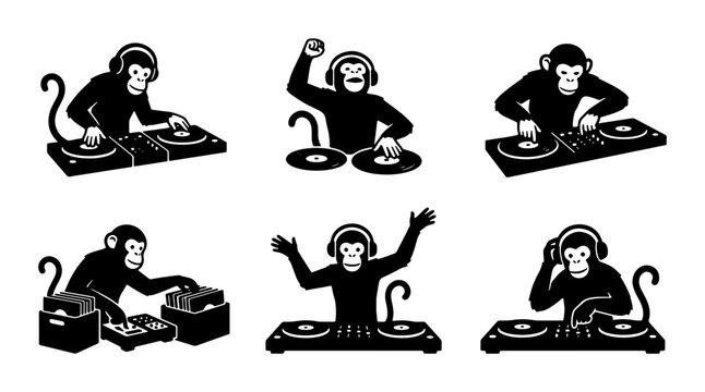 Six Black Silhouette Monkey DJs with Headphones, Vector Icons Set, Music Party and Entertainment Graphics