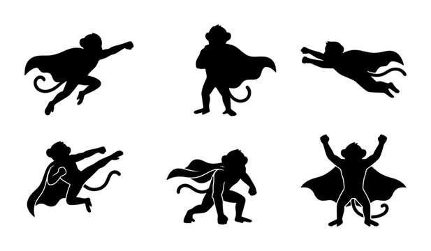 Superhero Monkey Silhouettes, Six Dynamic Poses Vector Set, Playful Animal Characters for Graphic Design Projects