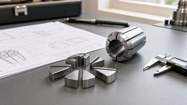collet. Disassembled collet on a workbench beside technical drawings and calipers. safety posters, maintenance manuals, designed for precision metalworking and fabrication facilities.