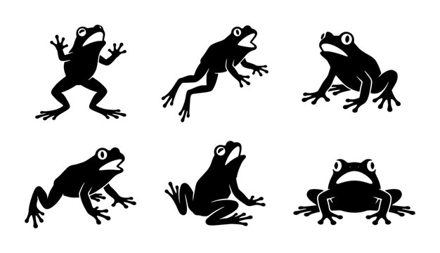 Six Black Frog Silhouettes, Amphibian Vector Icons, Pond Wildlife Graphic Elements, Nature and Science Illustration