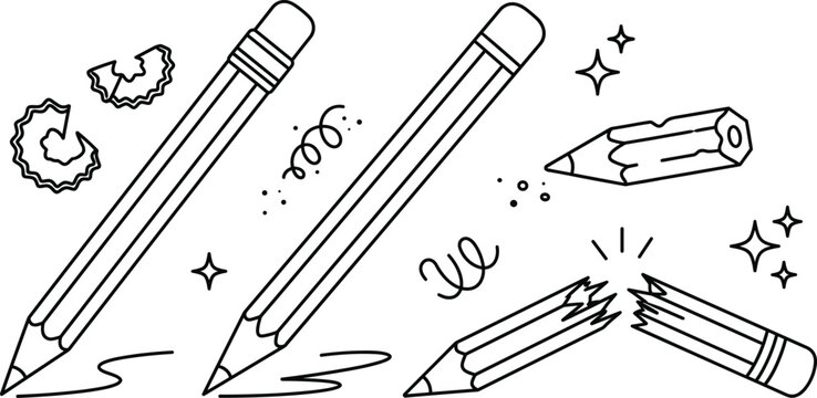 Stationery and Drawing Pencil Set featuring Sharp Pencils Shavings Broken Lead and Stubby Pencil Doodle Illustrations