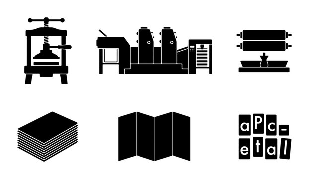 Printing Press Icons, Offset Machine, Paper Stack, Accordion Fold, Letterpress Typeset, Graphic Design Elements, Industrial Technology Set