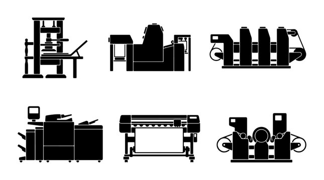 Printing Press Icons, Offset Machine, Digital Printer, Large Format Plotter, Industrial Printing Equipment, Vector Graphics Set