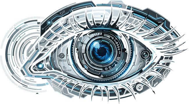 Futuristic cybernetic eye vector illustration with metallic robotic details lens aperture mechanical eyelashes and sci-fi high tech biometric surveillance design.