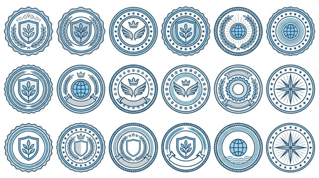 Collection of circular emblems and seals with shields and compasses.