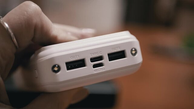 Close-up view of a hand holding a white portable power bank showing various charging ports. The device features USB-C and micro-USB connections with a small integrated LED flashlight.