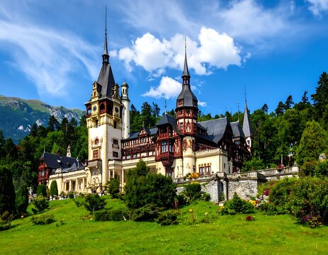 Peles Castle in Transylvania Romania Landscape.