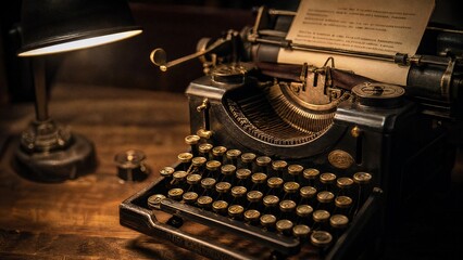keystroke. Close-up of a vintage typewriter with brass details, softly lit by a warm desk lamp. product launch decks, UI/UX mockups, designed for product launches and innovation pitches. © Jiangcheng