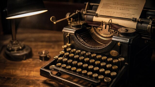 keystroke. Close-up of a vintage typewriter with brass details, softly lit by a warm desk lamp. product launch decks, UI/UX mockups, designed for product launches and innovation pitches.