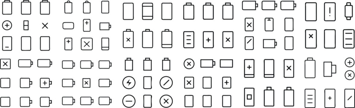 A collection of battery level icons and power indicators, showcasing different states of charge from full to empty and charging symbols.