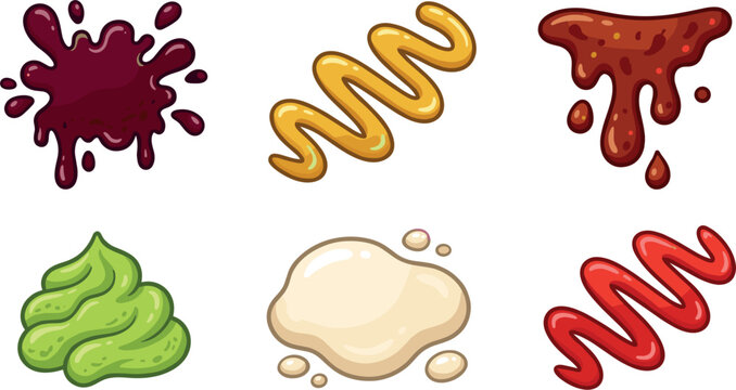 Cartoon Sauce Splashes and Cream Drips Collection with Ketchup Mustard Mayonnaise and Tasty Food Topping Vector Elements