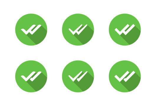 Double check icon set with long shadow. Double tick symbol. Two checkmark sign