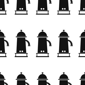 Vintage water pump seamless pattern, black and white antique well silhouette background, industrial retro plumbing equipment vector texture