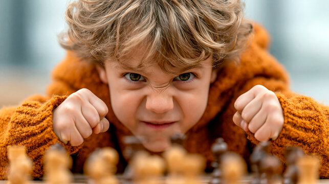 Focused child with determined expression playing chess, competitive mindset and strategic thinking concept with emotional close up portrait