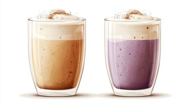 Ube and Matcha drink on white background,Iced Ube Latte,and matcha latte,PopularTrendy Purple Coffee Shop,plant based recipes,superfood,menu and banner,Healthy and wellness concept.