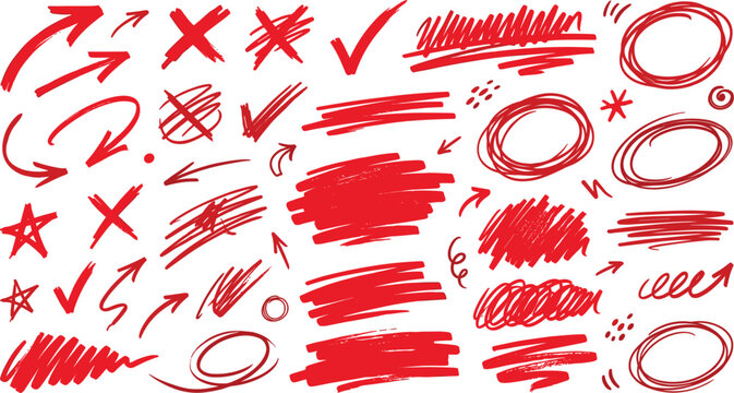 Collection of hand-drawn red marker arrows, checkmarks, correction symbols, and various doodle shapes isolated on a white background for creative design annotations.