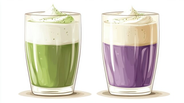 Ube and Matcha drink on white background,Iced Ube Latte,and matcha latte,PopularTrendy Purple Coffee Shop,plant based recipes,superfood,menu and banner,Healthy and wellness concept.