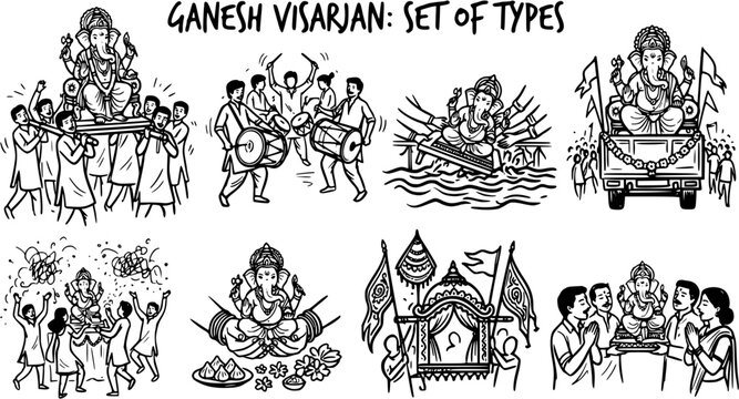 Ganesh Visarjan Indian Religious Festival Celebrations. Black and White Line Art Illustrations of Hindu Deity Immersion Ceremony Set.