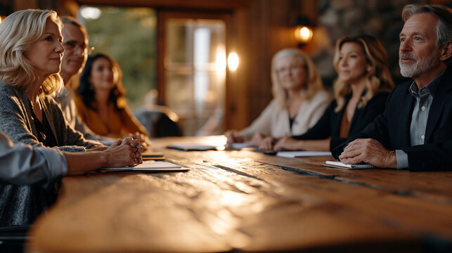 An intergenerational startup advisory board meets in a quiet rural retreat center, ages spanning six decades around a single oak table, summer light flooding through open French doors, a rare and vi